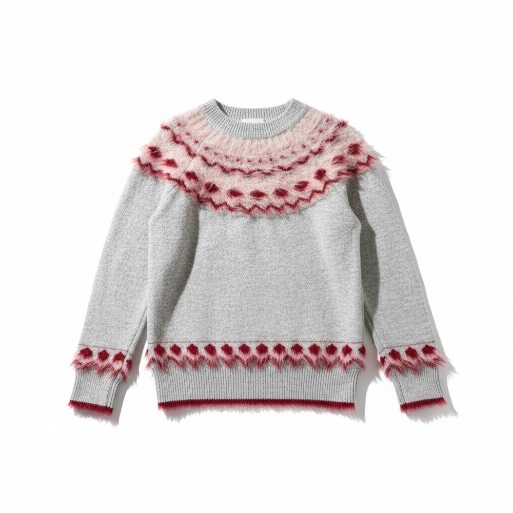 Fate Grey Pink Red Faux Fur Nordic Knit Sweater Size Large